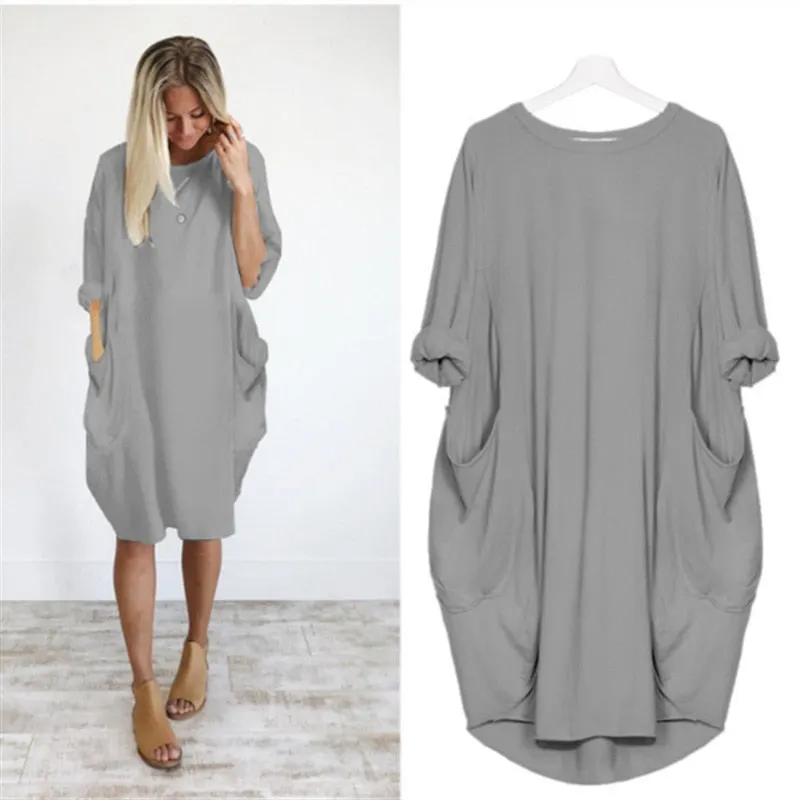 Autumn Solid Color Dress Women 2021 Fahsion Pocket O Neck Long Sleeve Loose Vintage Dresses Female Plus Size Casual Midi Dress