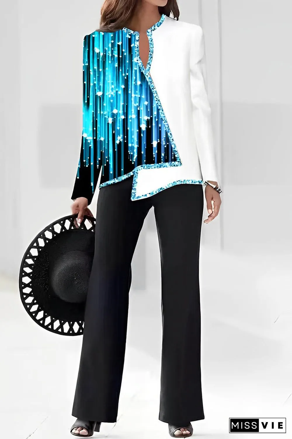 Casual Print Asymmetrical V Neck Long Sleeve Two Pieces