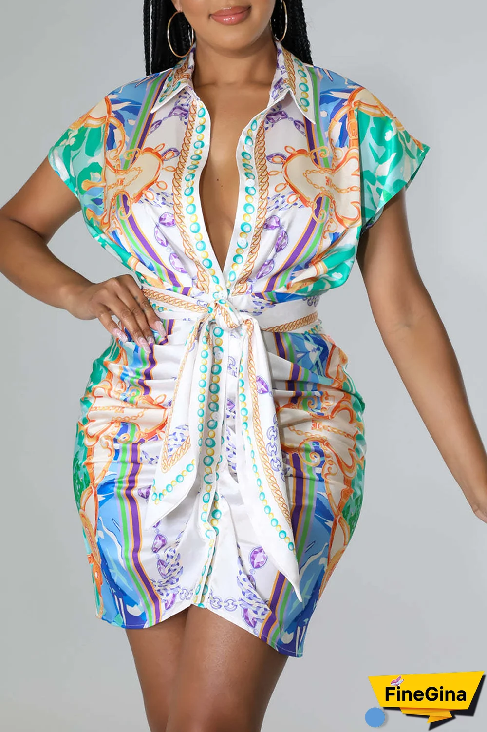 Pink Casual Print Patchwork Turndown Collar Shirt Dress Dresses