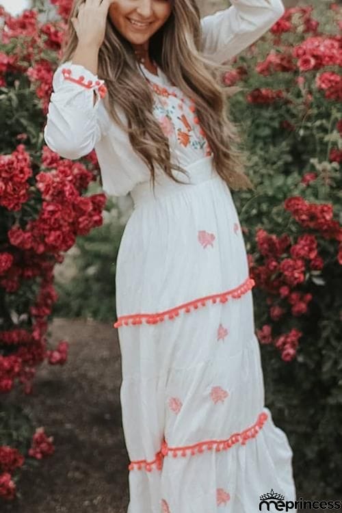 Embroidery Pom Pom Maxi Dress