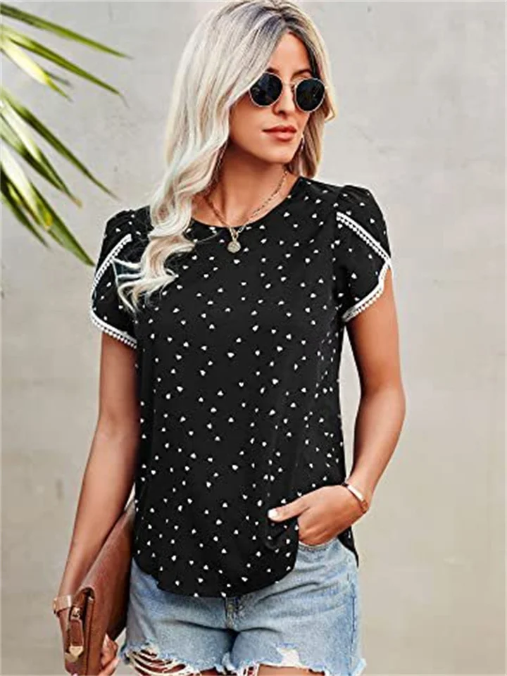 Women's Printed Lace Crochet Round Neck Shirt Short Sleeve Top-Hoverseek
