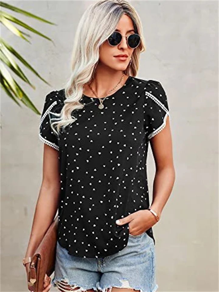 Women's Printed Lace Crochet Round Neck Shirt Short Sleeve Top-Cosfine