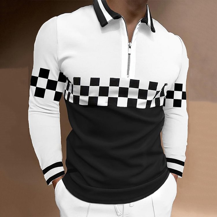 Men'S Plaid Color Block Long-Sleeved Zipper Polo Shirt