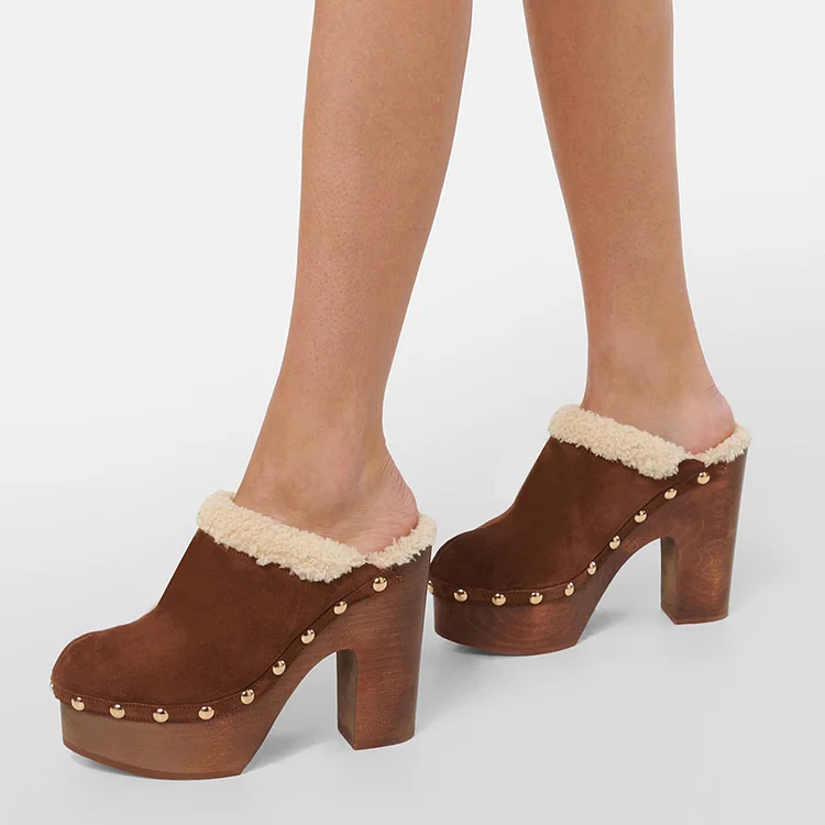 Brown Vegan Suede Shearling-trimmed Studded Platform Clog Heels |FSJ Shoes