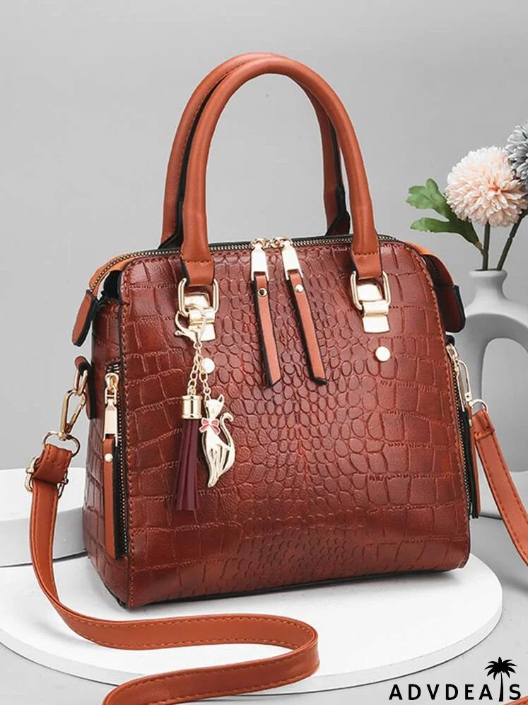 Crocodile Embossed Cat & Tassel Decor Square Bag
