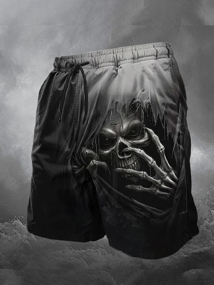 Men's Gothic Skull Pattern Linen Blend Vintage Shorts