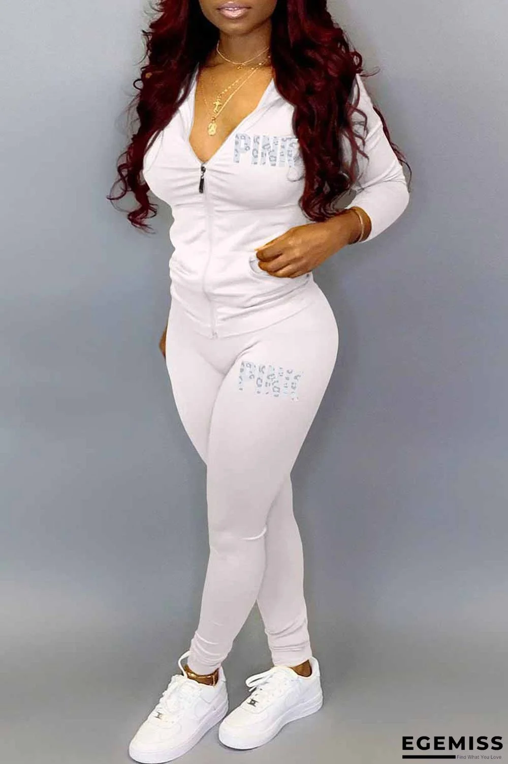 White Casual Print Letter Hooded Collar Long Sleeve Two Pieces | EGEMISS