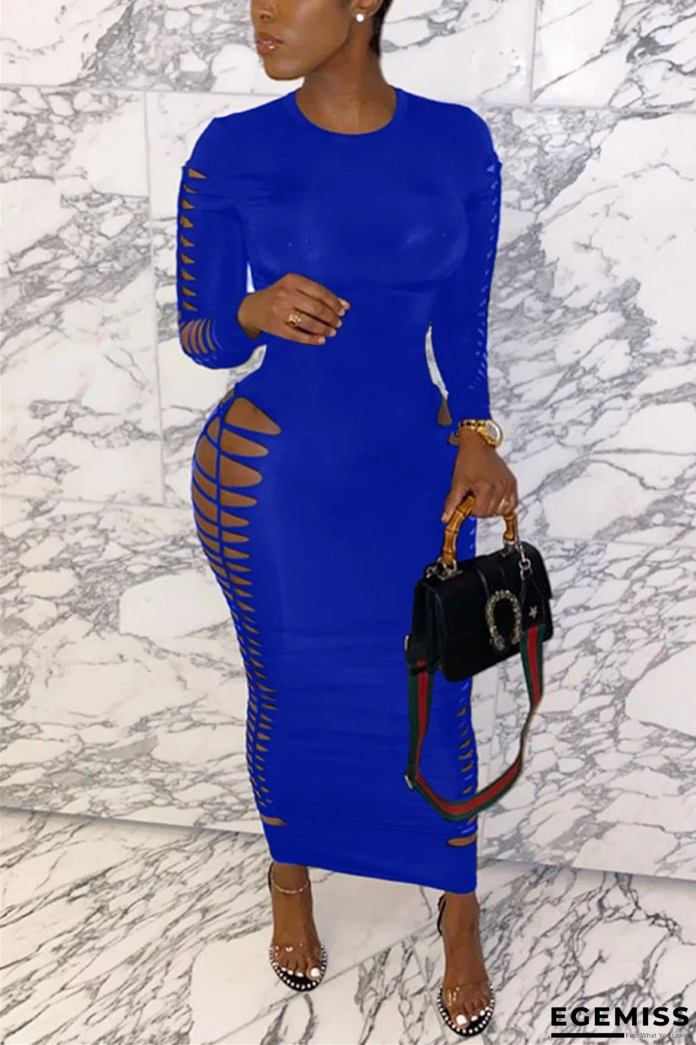 Colorful blue Acetyl fiber Fashion Sexy adult Cap Sleeve Long Sleeves O neck Step Skirt Ankle-Length Patchwork hole Solid hollow out Dresses | EGEMISS