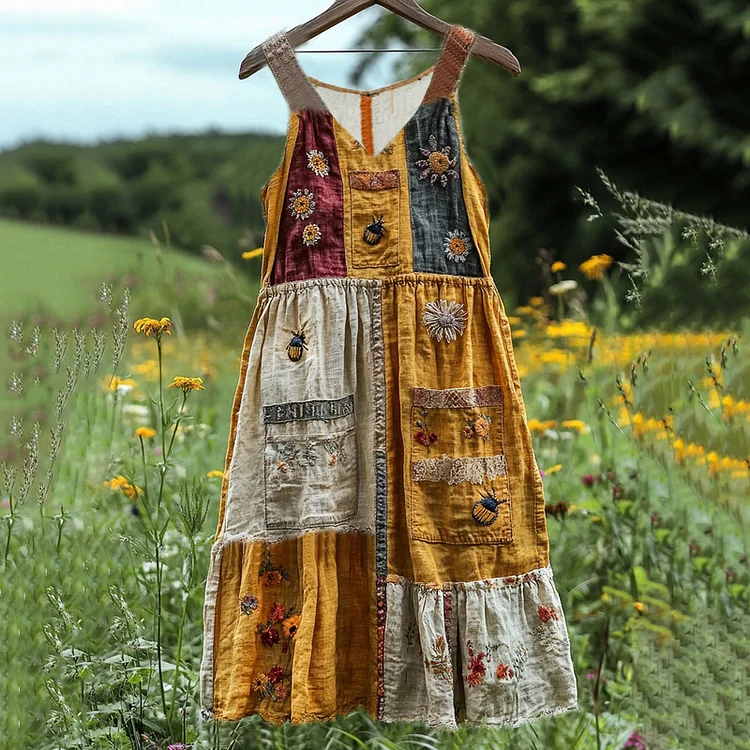 Insect Wildflower Floral Embroidery Art Linen Tank Dress