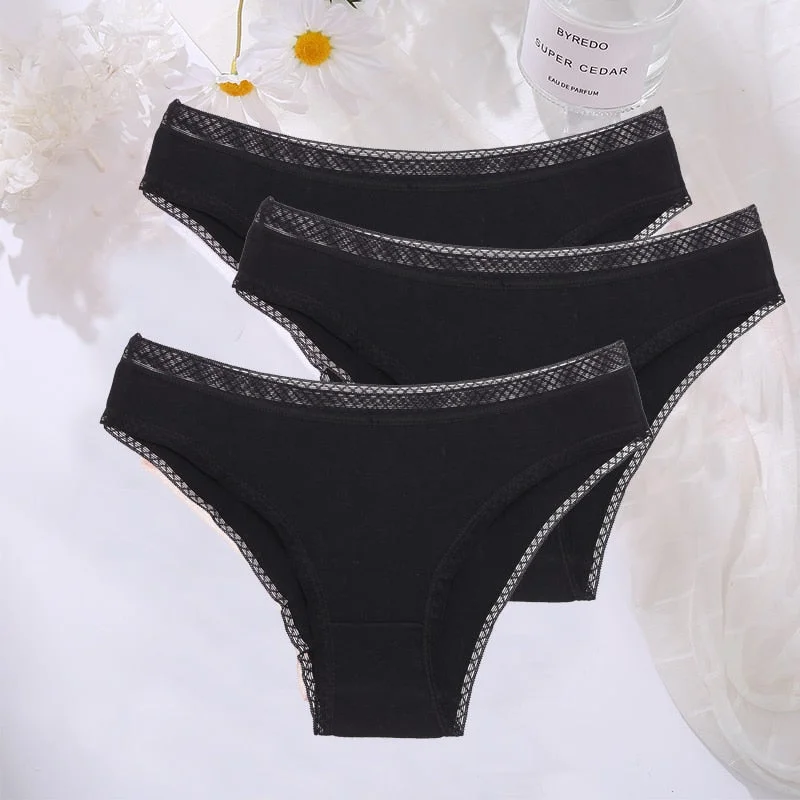 FINETOO 3PCS/Set Cotton Women Mesh Panties Sexy Perspective Lingerie Femme Underwear Girl Underpant Breathable Woman Panty Tanga