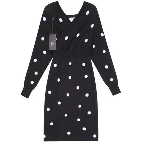 Elegant V-neck Dots Long Sleeve Knitted Dress   