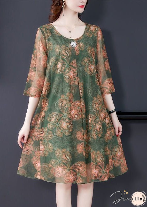 Loose Orange O Neck Print Tulle Dress Summer