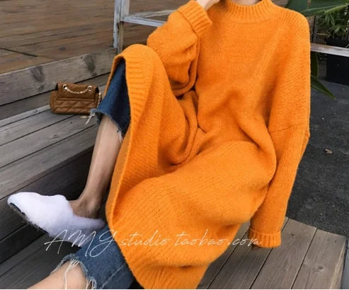 New Vintage Warm Autumn Sweater Women Dress Winter Long Sweater Knitted Dresses loose Maxi Oversize Lady Dresses Robe Vestidos