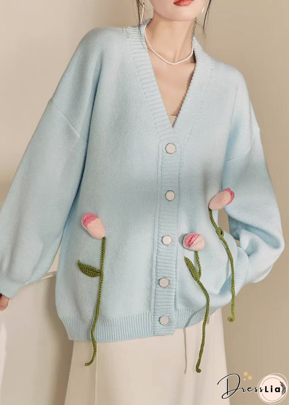 Loose Blue V Neck Button Patchwork Knit Cardigan Spring