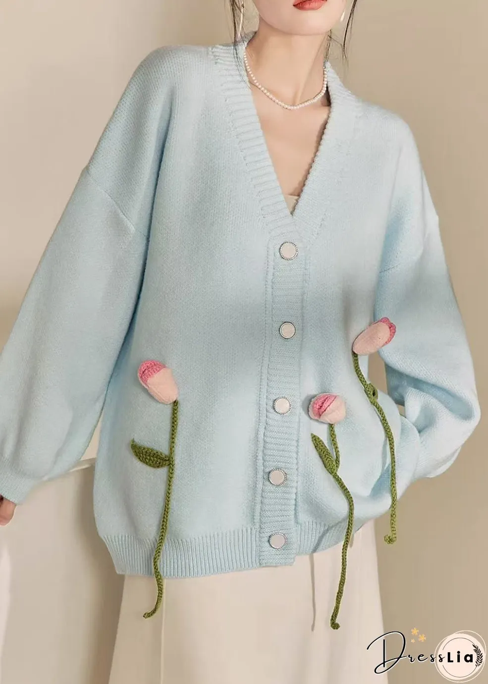 Loose Blue V Neck Button Patchwork Knit Cardigan Spring