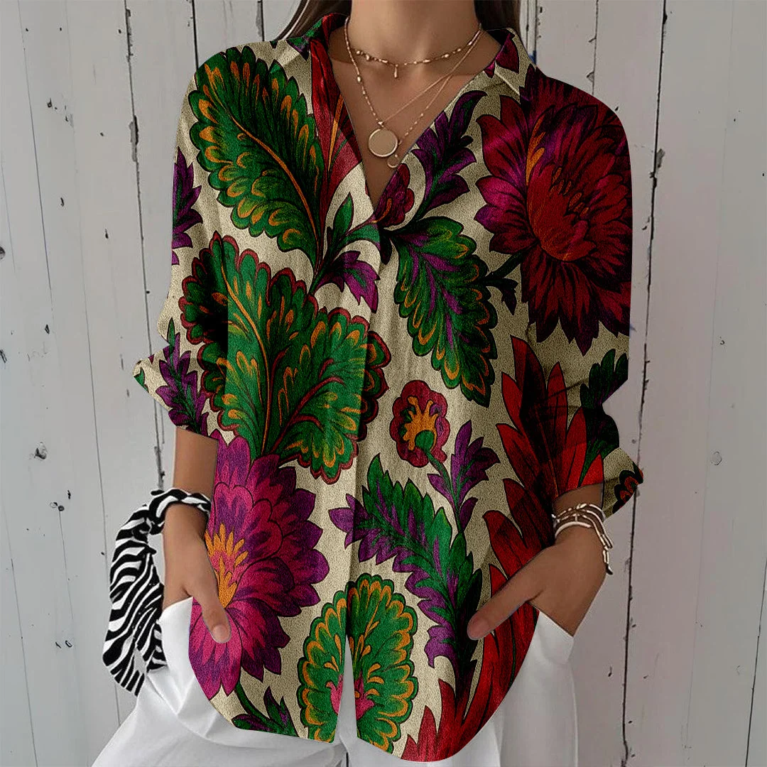 Style & Comfort for Mature Women Women Floral,Red,Green DZCL0263 3/4 Sleeve Shirt Collar Printed Button Tops