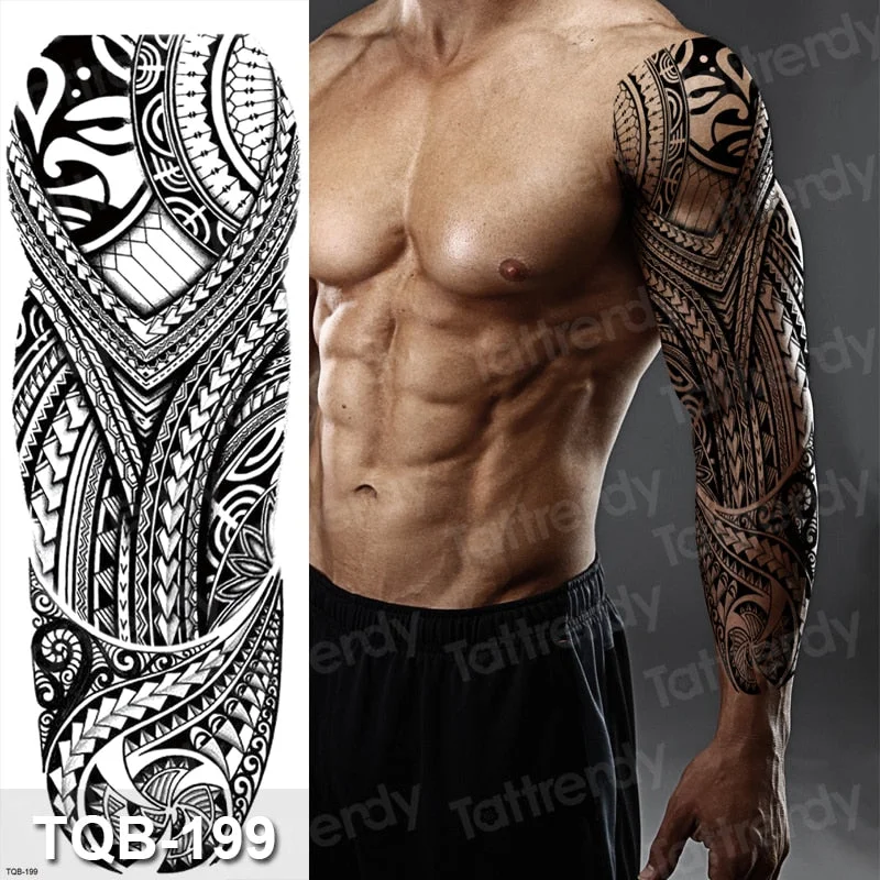 temporary tatoo men large waterproof temporary arm sleeve tattoo black robot mechanical tattoos tribal lion head king fox design