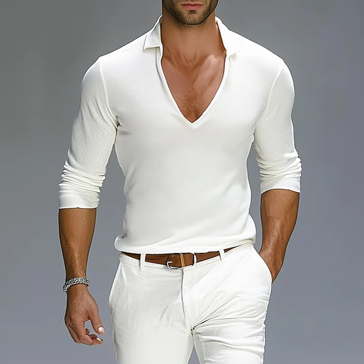 Okaywear Ribbed Knit Buttonless Long Sleeve Polo Shirt Okaywear