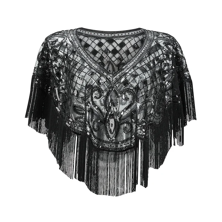LiveZou Women Black Shawl Shiny Sequins Hollow Tassels