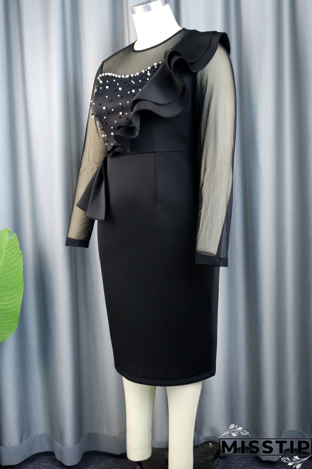 Black Casual Solid Patchwork O Neck Long Sleeve Plus Size Dresses