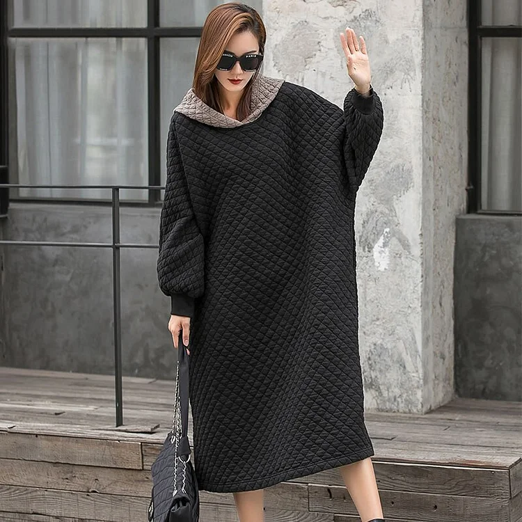 Casual Loose Contrast Color Hooded Long Sleeve Seam Dress