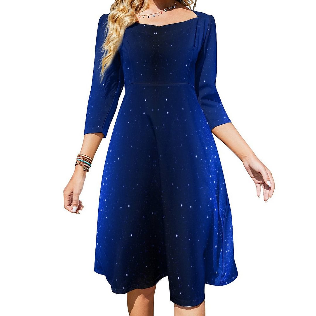 Blue Galaxy Dress Sweetheart Tie Back Flared 3/4 Sleeve Midi Dresses