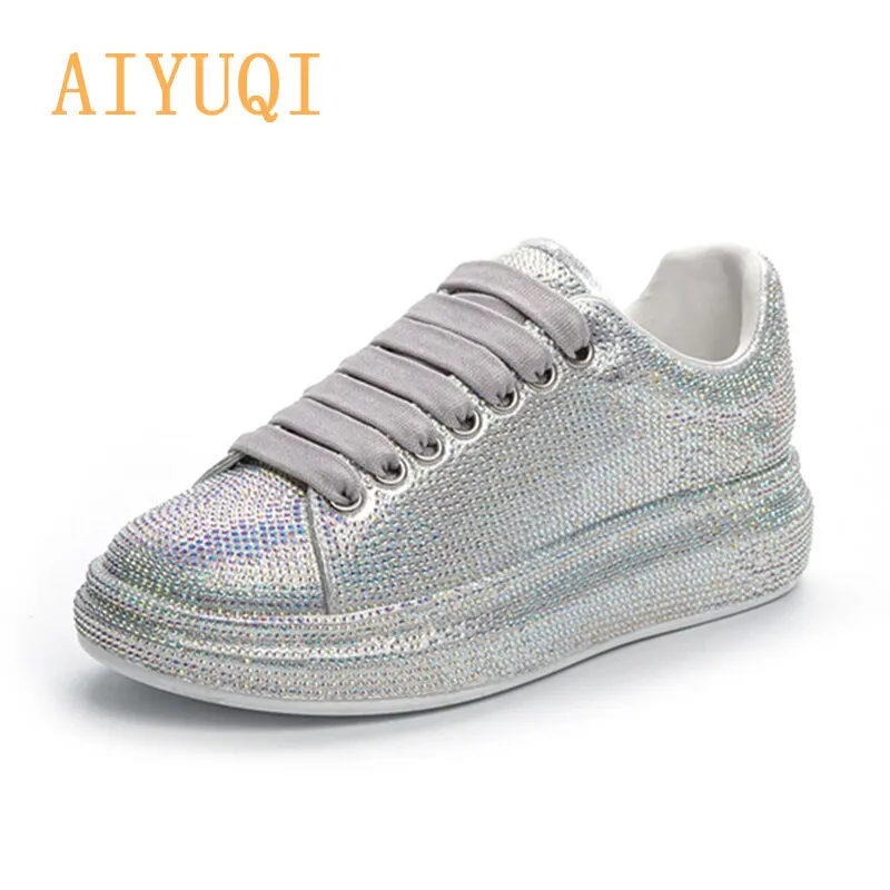 AIYUQI Women's Sneakers Flat Latest Thinestone Shiny Ladies Shoes Laces Casual Women's Vulcanized Shoes