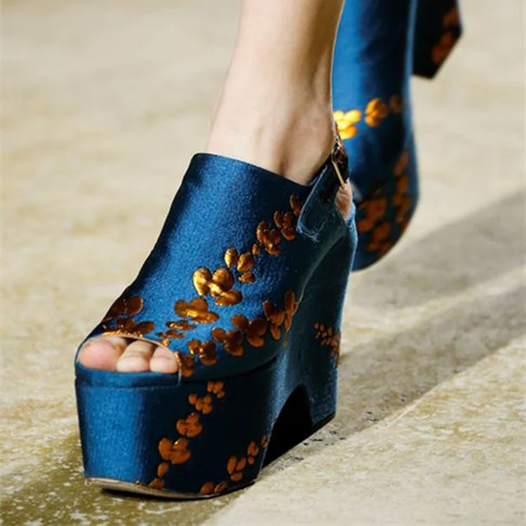 Platform Slingback Heels Classic Peep Toe Sandals Office Floral Shoes |FSJ Shoes