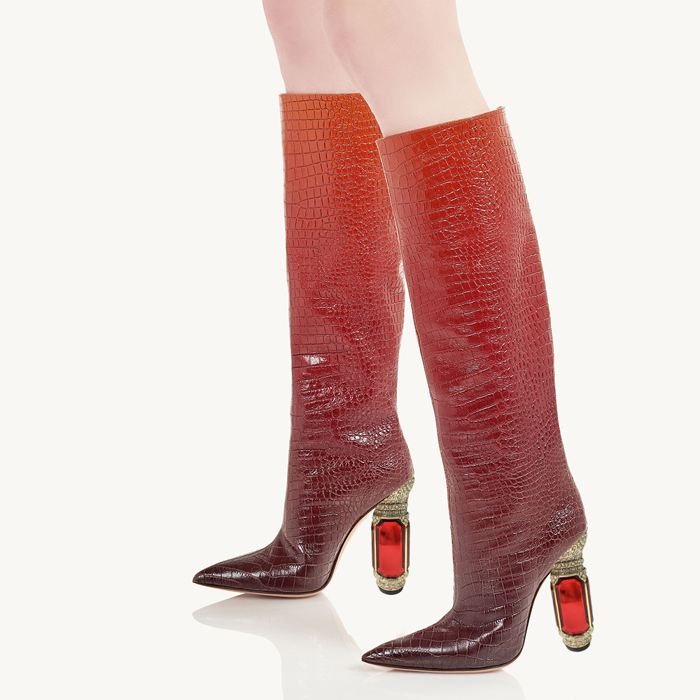 Women's Gradient Croco Embossed Decorative Heel Knee High Boots Nicepairs