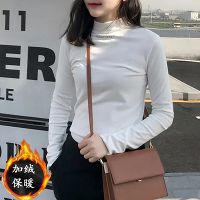 Uveng Uveng Spring 2024 Half Turtleneck Jacket Bottom Shirt Women's Letters Embroidered Slim Students Solid Color And Velvet Long Sleeve T-Shirt Women