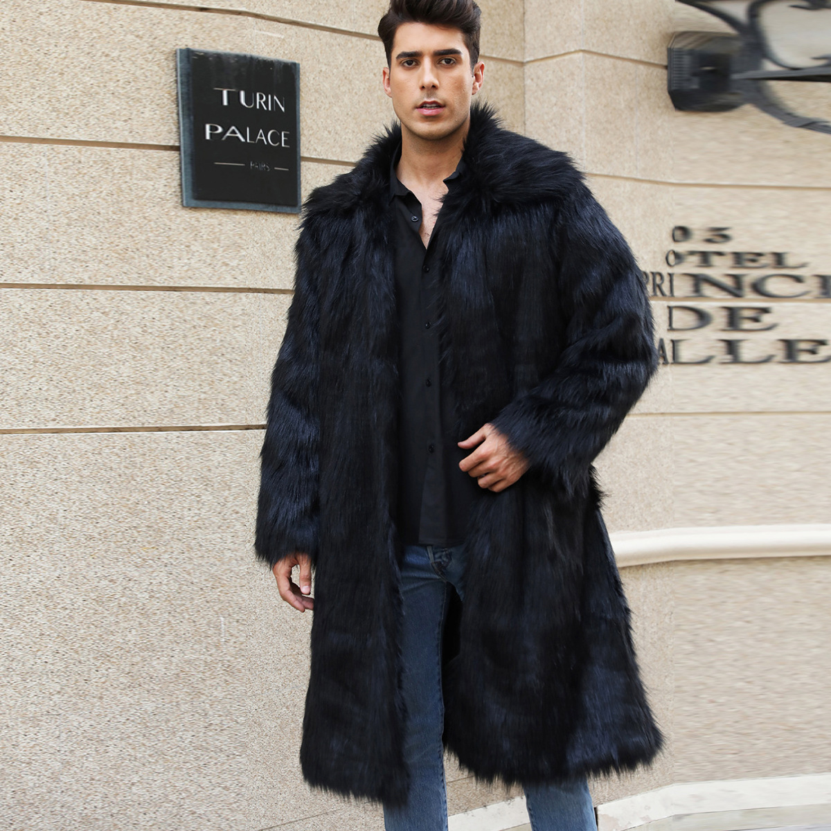 Black Men's Square Collar Fur Long Coat