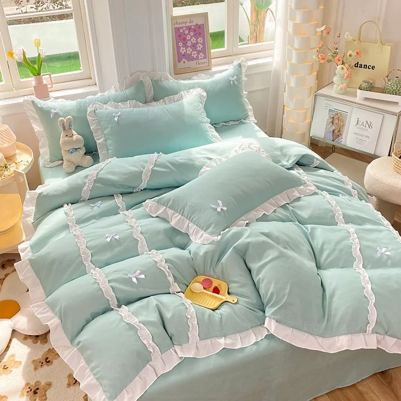 Aonga Kawaii Korean Bedding Sets No Filling Ins Princess Style Lace Bow Duvet Cover Fitted Sheet Girl Woman Home Bedroom Bed Linens aonga