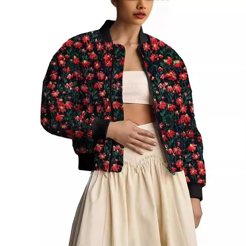 Nigikala Nigikala Autumn And Winter Dais Dais Dais Printing And Dye Pocket Zipper Short Flight Jacket Cotton Clothes Women WQK0501