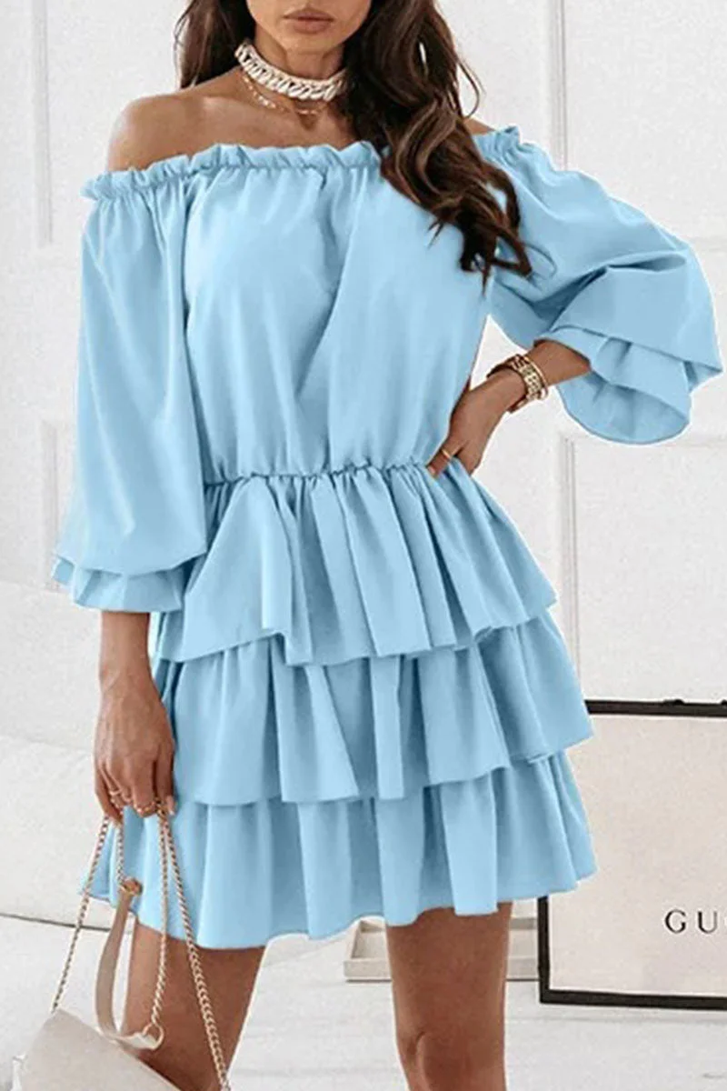 Fashion Solid Off the Shoulder Cake Skirt Dresses(6 Colors)