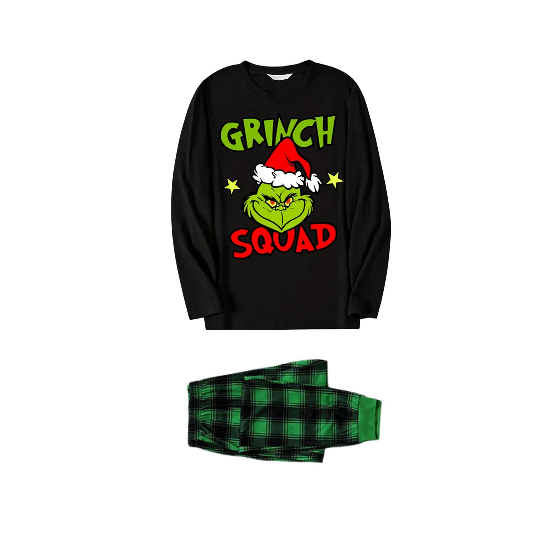 Christmas Cartoon Pattern Print Black Long Sleeve Top with Green and Black Plaid Family Matching Pajamas 2024