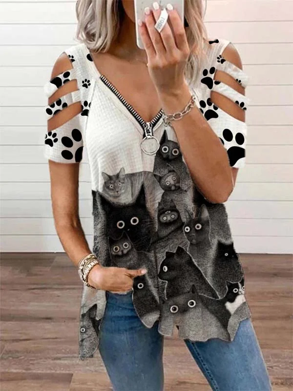 Black Cat Families Printed Cutout Short Sleeve Tee