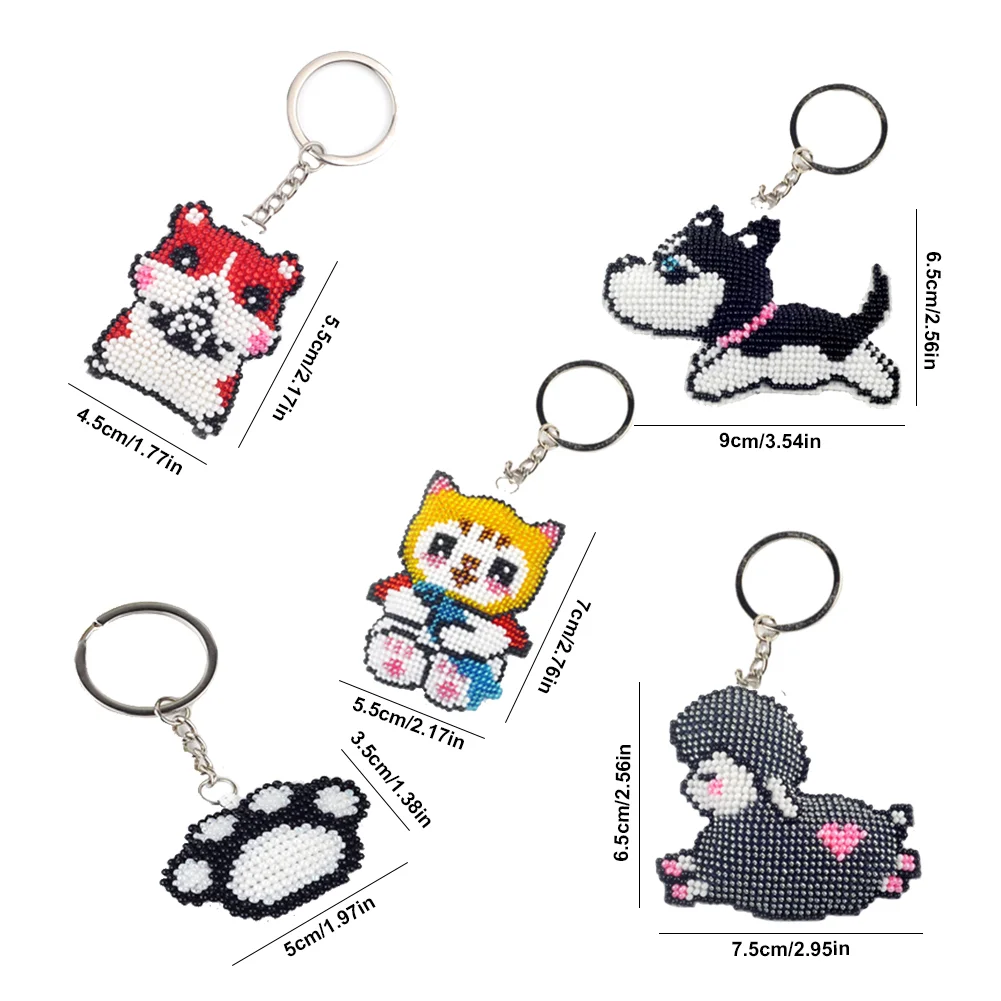 5Pcs Dog Hamster Cat Sheep Beaded Animal - Stamped Bead Embroidery - Keychain