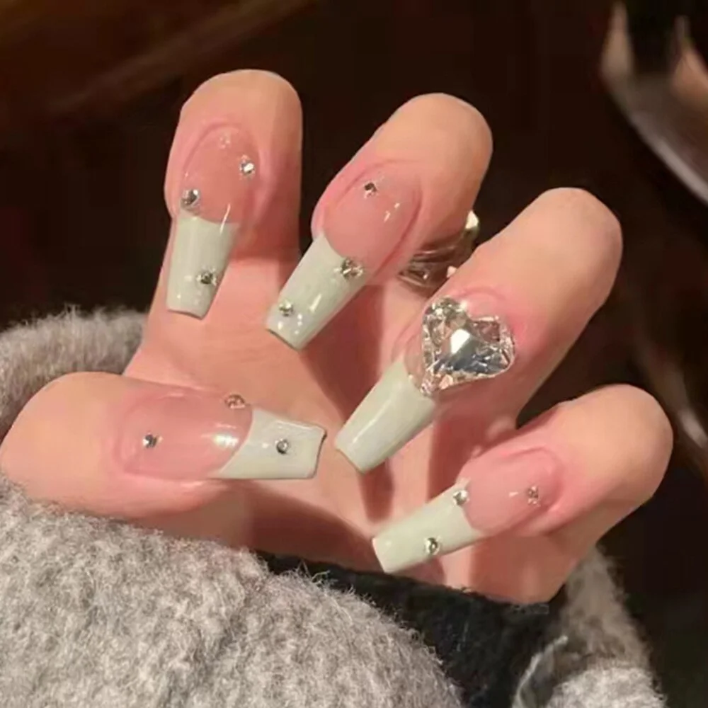 24PCS Press On Nails with Diamond Butterfly Design White Fake Nails Coffin Ballet False Nails Manicure Salon DIY  Full Finished-Nail Inspo