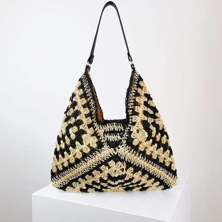 Utbros Crochet Hollow Square Flower Large Triangle Contrast Woven Shoulder Bag