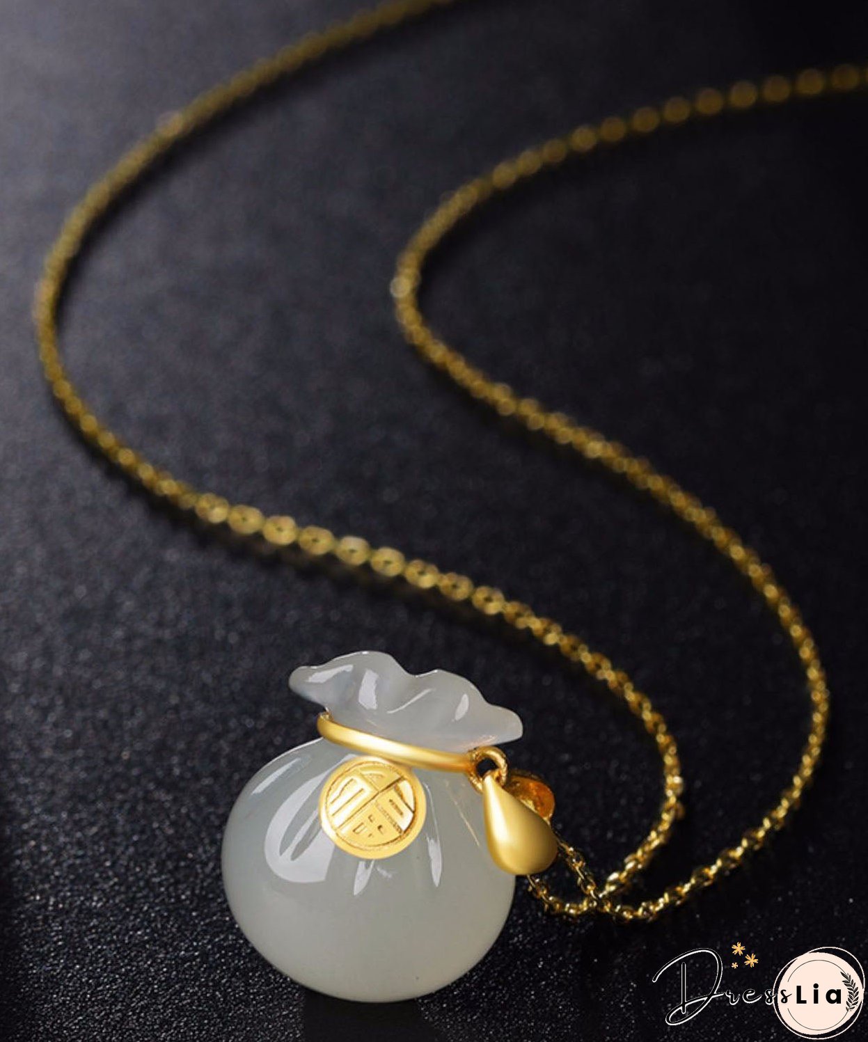 Handmade Gold Inlaid Jade Lucky Bag Pendant Necklace
