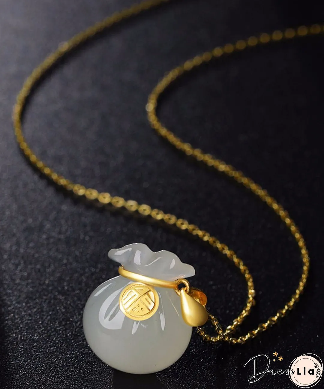 Handmade Gold Inlaid Jade Lucky Bag Pendant Necklace
