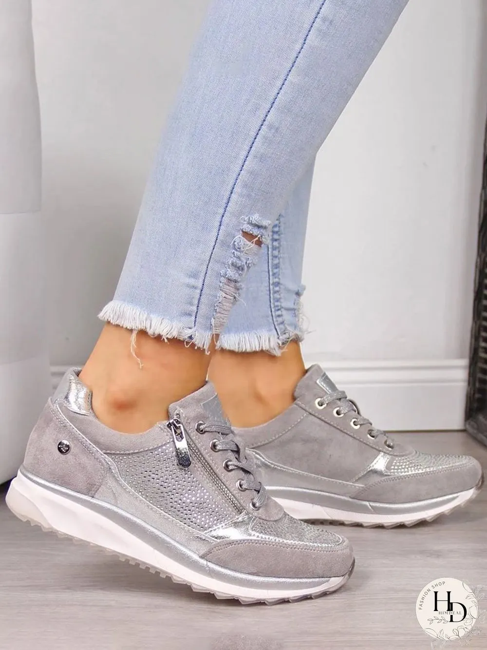 Diamond Panel Zip Lace-Up Casual Shock Absorbing Sneakers