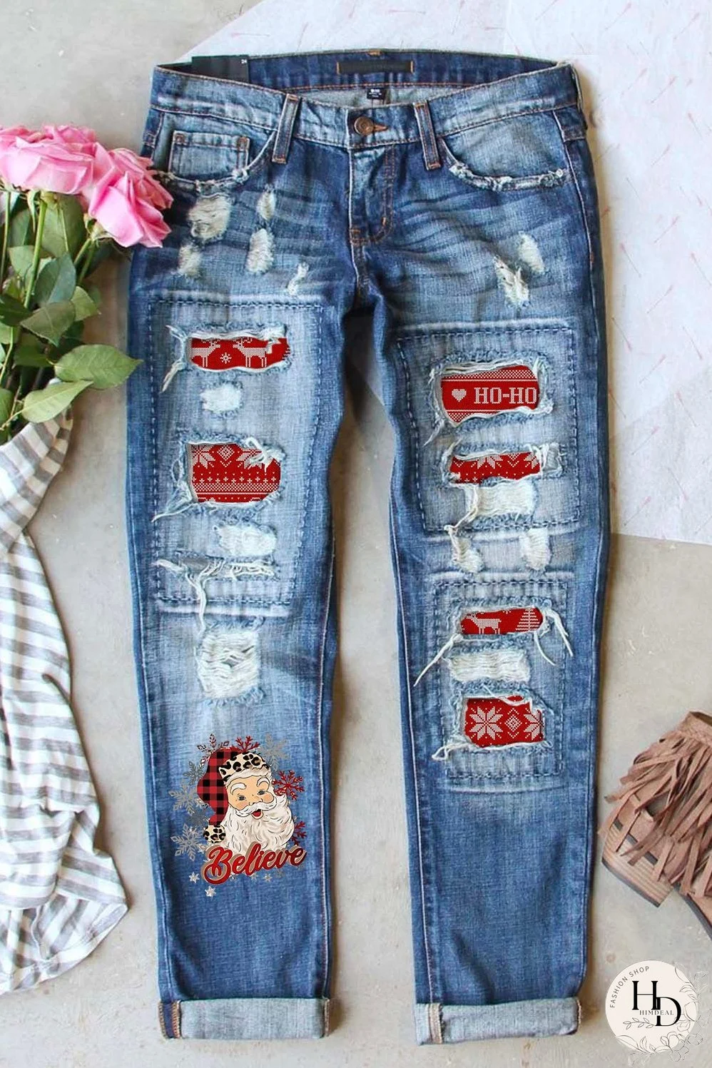 Santa Claus Pattern Boyfriend Jeans