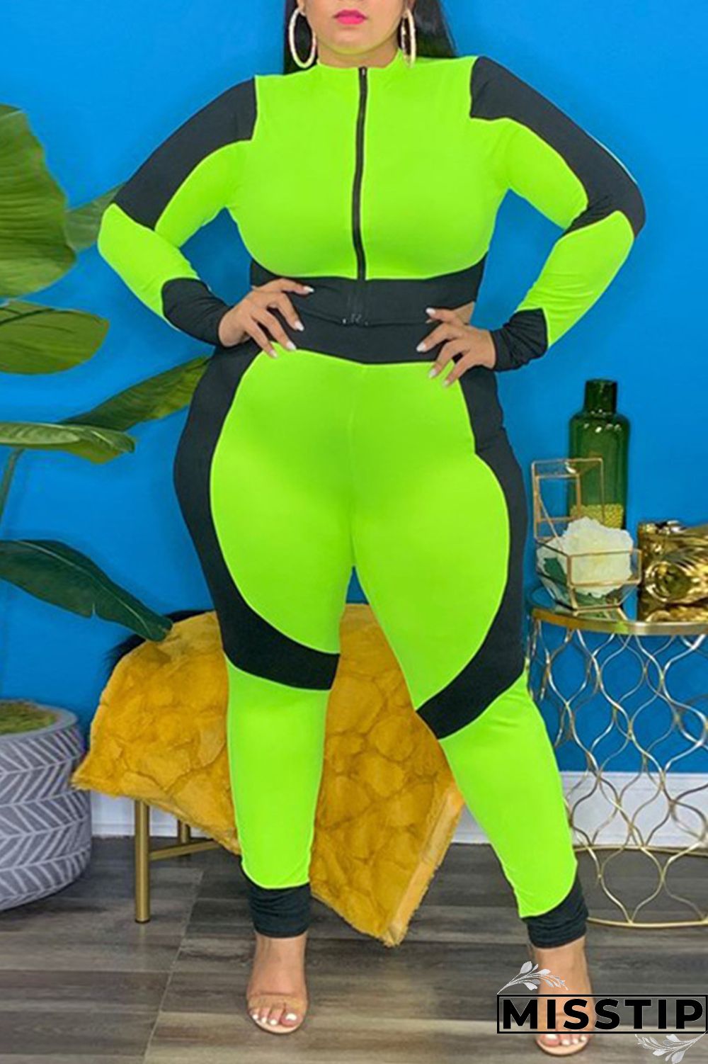 Green Fashion Casual Patchwork Zipper O Neck Plus Size Two Pieces