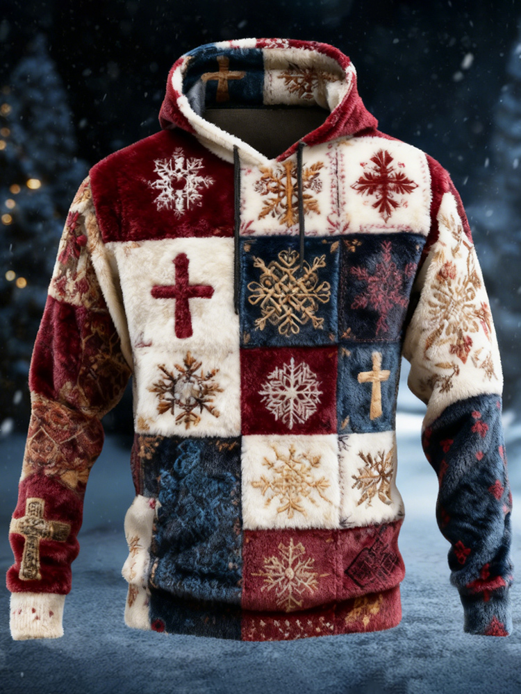 Christmas Snowflake & Cross Patchwork Design Men's Flannel Hooded Sweatshirt elevenforest