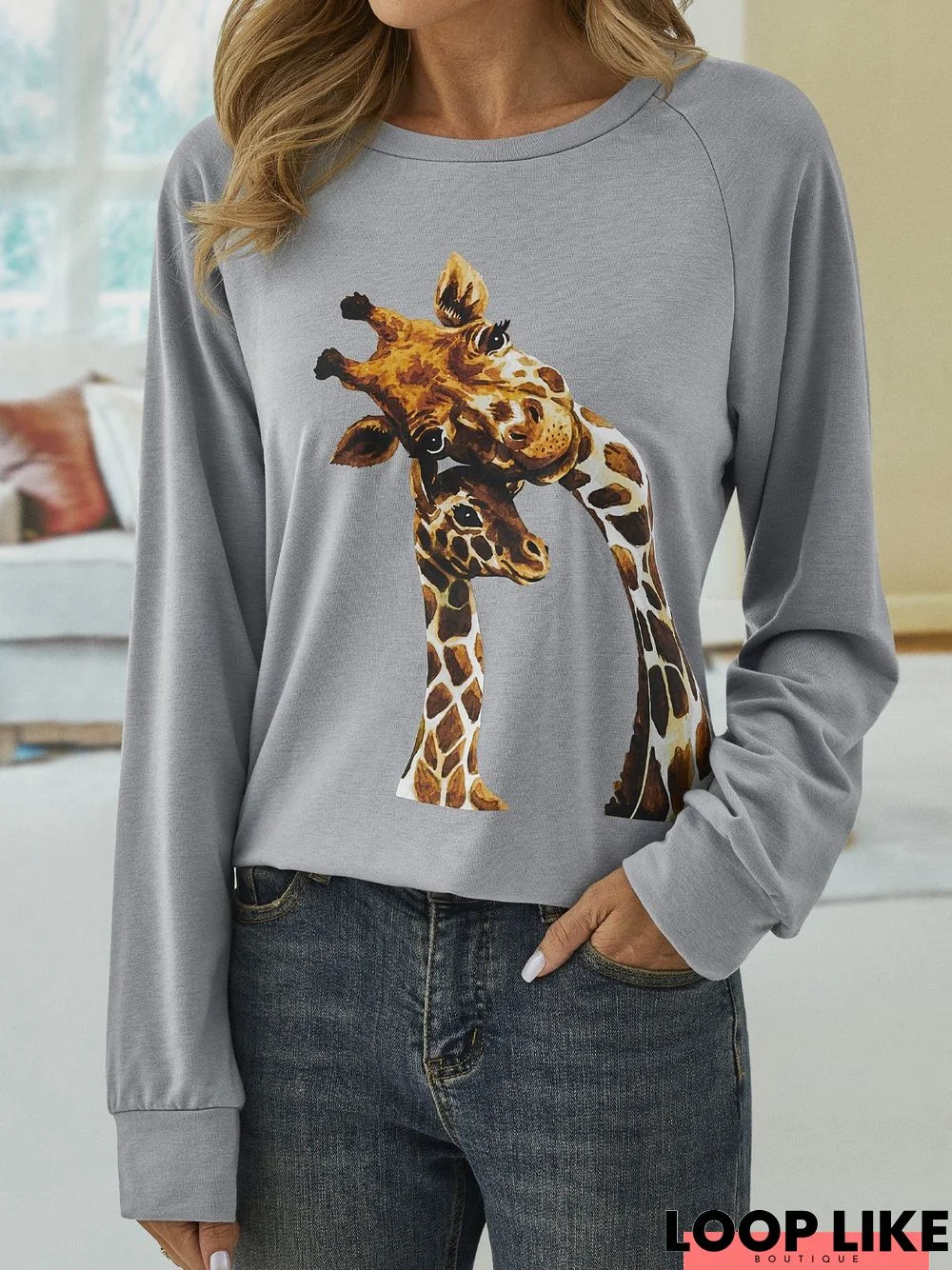 Animal Printed Casual Long Sleeve Round Neck Sweatshirt