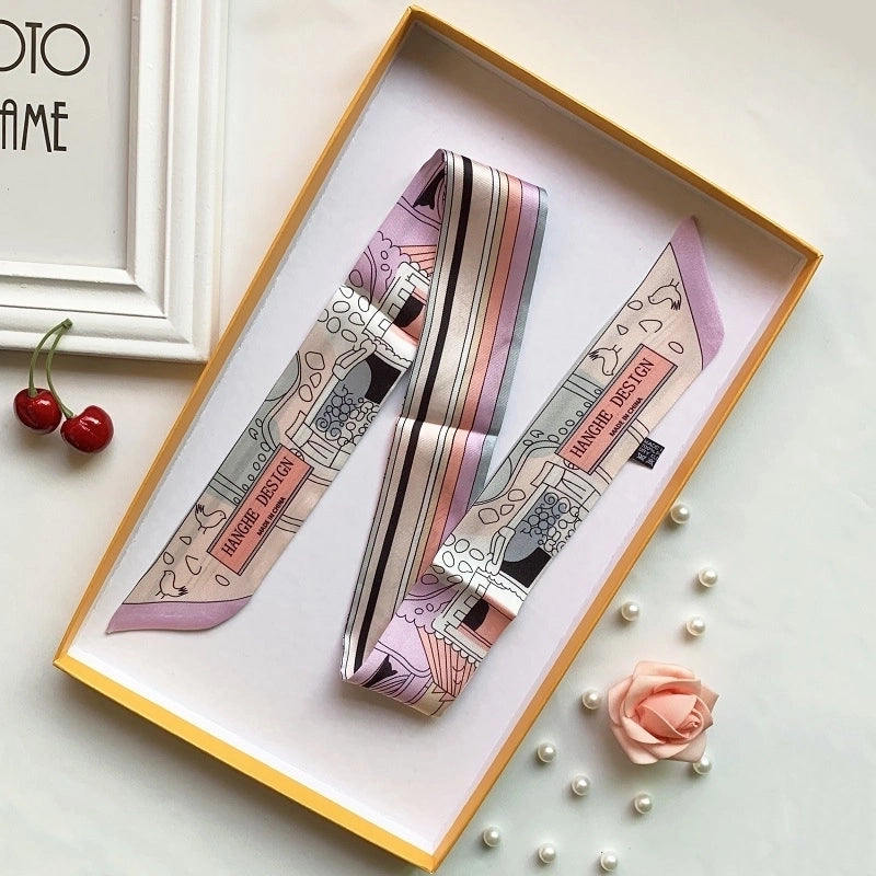 Women’s Minimalist Classic Style Color Block Satin Printing Silk Scarf