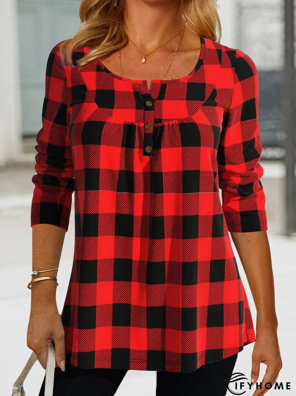 Women Christmas Plaid Crew Neck Tunic | IFYHOME