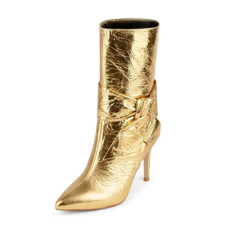 Gold Bow Stiletto Boots Pointed Toe Mid Calf Boots |FSJ Shoes