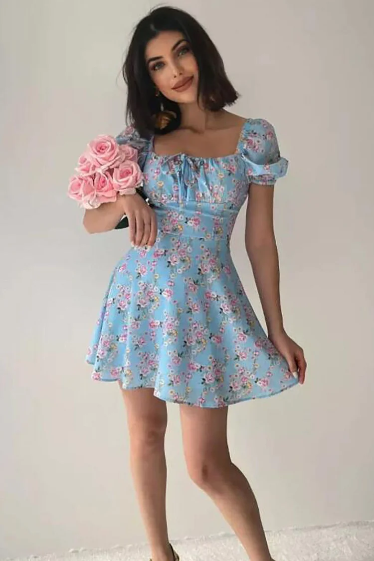 Square Neck Pleated Tied Up Short Puffy Sleeve Floral Print Vacation Mini Dress